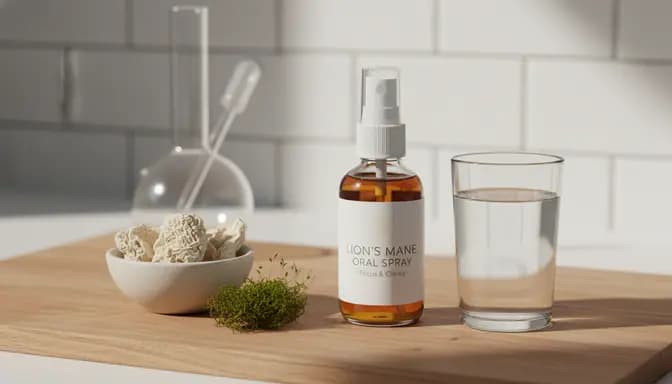 Soft natural light on лъвска грива спрей bottle with Lion’s Mane mushroom pieces, moss, and minimal lab glassware on a wooden table for a wellness blog header image