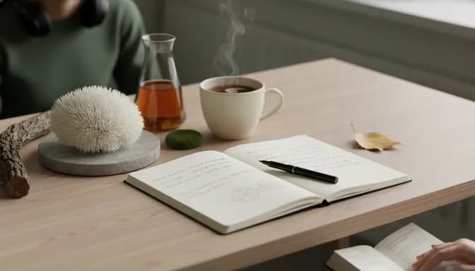 Editorial wellness image showing лъвска грива студенти фокус with a Lion’s Mane mushroom, warm drink, and serene study desk in soft natural light
