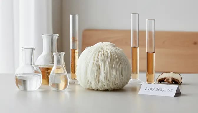 Editorial still life of Lion’s Mane mushroom with glass beakers and subtle percentage markings, visualizing лъвска грива стандартизация проценти in a calm, premium wellness setting for a blog header image.