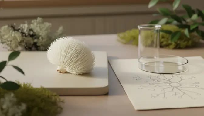 Editorial still life of lion’s mane mushroom symbolizing лъвска грива NGF нервен растежов фактор with soft scientific glassware in a clean, natural setting
