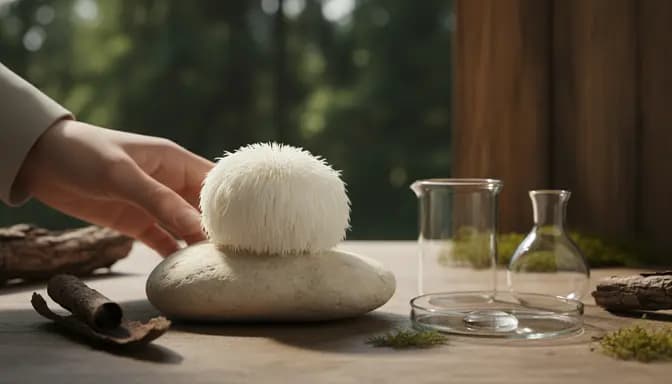 Calm editorial photo showing lion’s mane mushroom on stone with subtle lab glassware and soft forest tones, illustrating лъвска грива имунна система in a modern wellness context.