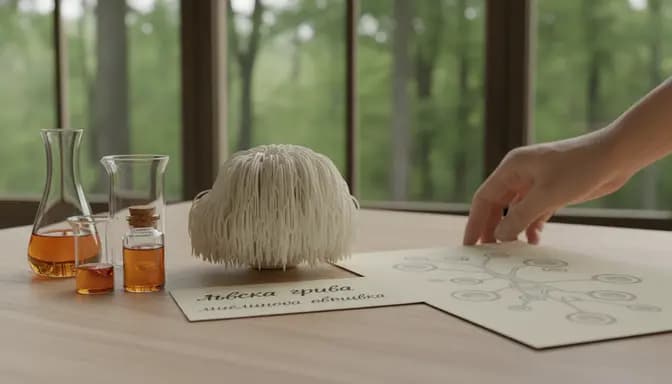 Editorial wellness photograph showing Lion’s Mane mushroom beside clear glassware and a soft neural sketch, symbolizing лъвска грива миелинова обвивка in a clean, natural, premium scene.