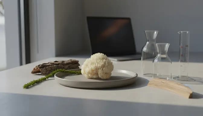 Lion’s Mane mushroom on a minimalist ceramic plate with clear glass labware and soft forest textures in natural light, illustrating a лъвска грива аптека онлайн editorial wellness article.
